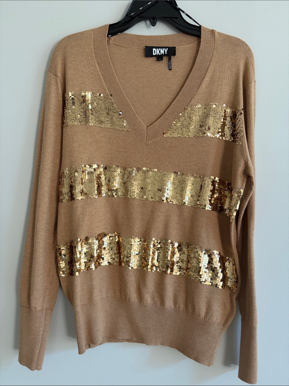 DKNY Camel V-Neck Sweater with Gold Sequin Stripes